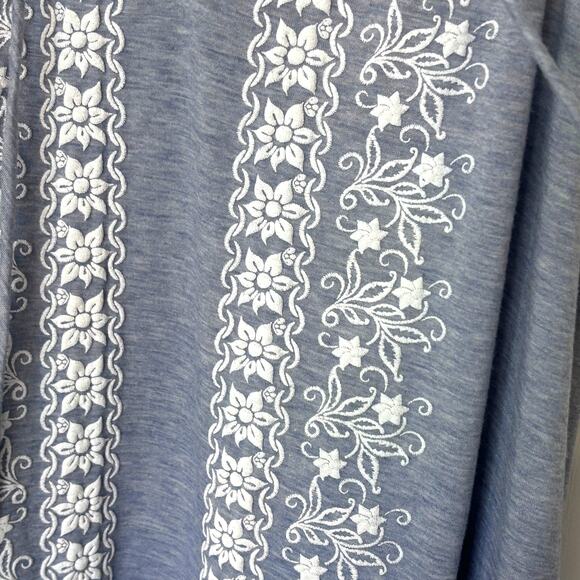 SJS Wms Med Blue Sleeveless Tunic Tank White Puffy Floral Design Tie Neck Casual - Picture 6 of 8